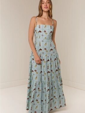 Light Blue Printed Maxi Dress with Square Neckline and Thin Straps